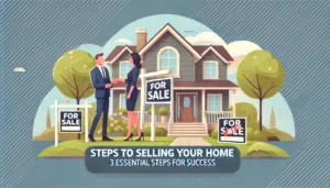Real estate agent shaking hands with happy homeowners in front of a house with a 'For Sale' sign, representing the steps to selling your home successfully.