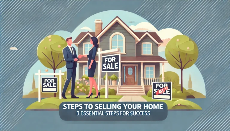 Real estate agent shaking hands with happy homeowners in front of a house with a 'For Sale' sign, representing the steps to selling your home successfully.