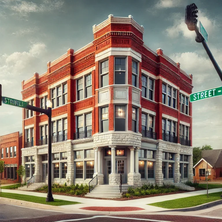 Side-by-side comparison of a historic building before and after a fix & flip renovation in Southern Oklahoma, showcasing restored brickwork, new windows, and modern enhancements.