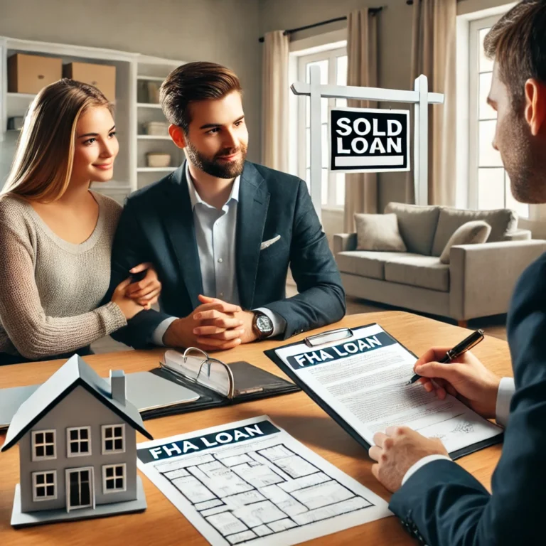 A first-time homebuyer couple sitting with a mortgage broker, reviewing FHA loan documents and home blueprints.
